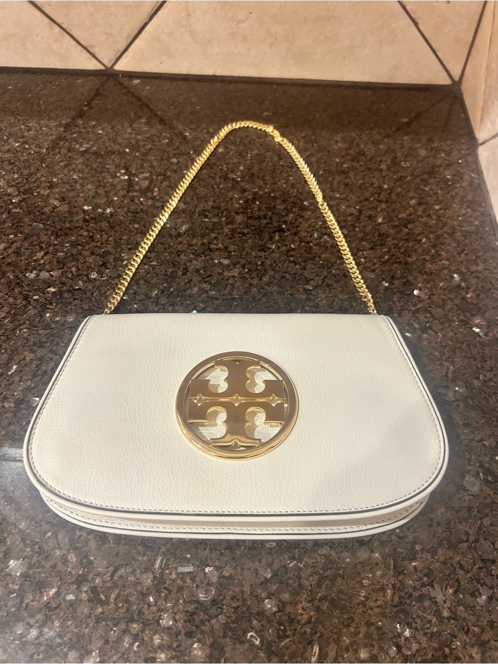 Tory Burch Cream Leather Shoulder Bag with Gold Logo Medallion